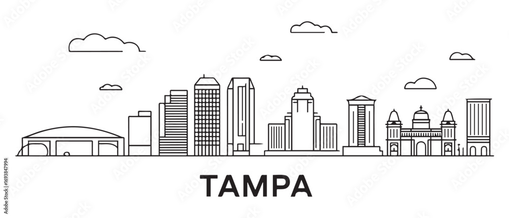 Naklejka premium Tampa Line Art skyline. Travel Tampa famous landmarks. Business and tourism concept for presentation, banner, web site. with white background