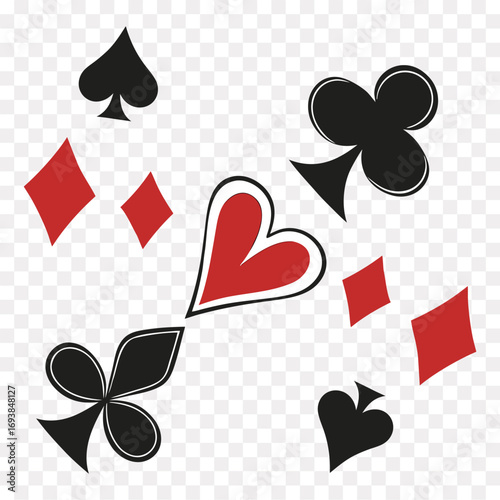 Three playing cards falling in sequence with different suits