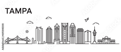 Tampa Line Art skyline. Travel Tampa famous landmarks. Business and tourism concept for presentation, banner, web site. with white background