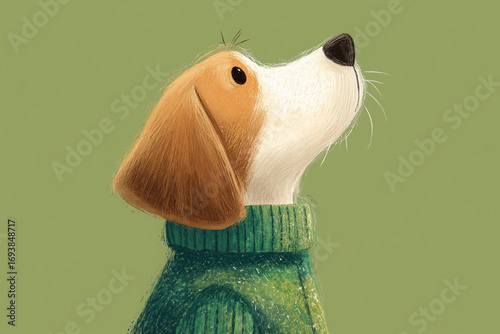 Beagle dog wearing green woolen sweater, gazing upward with curious expression against solid green backdrop, capturing canine charm for pet themed designs
