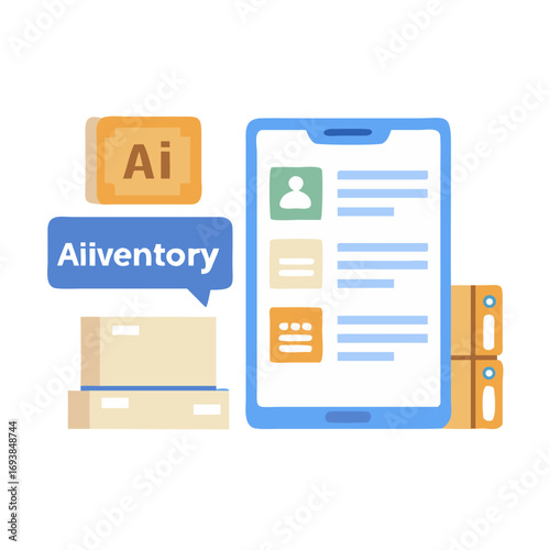 AI inventory app illustration with smart phone, folders and software box concept