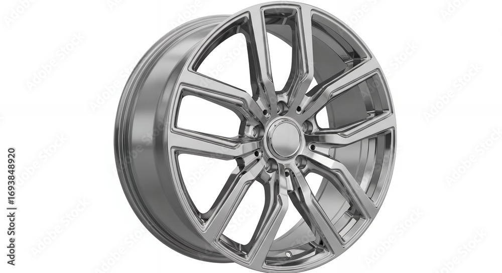 Obraz premium Shiny chrome alloy wheel isolated on white background for luxury automotive design