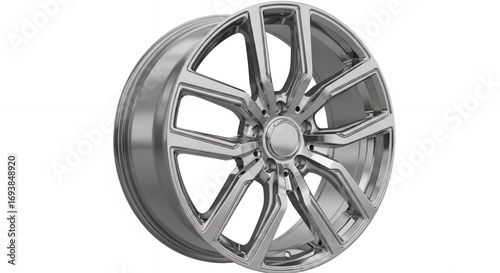 Shiny chrome alloy wheel isolated on white background for luxury automotive design