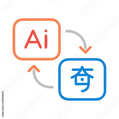 AI translation to Chinese character concept with two directional rounded arrows on dark background