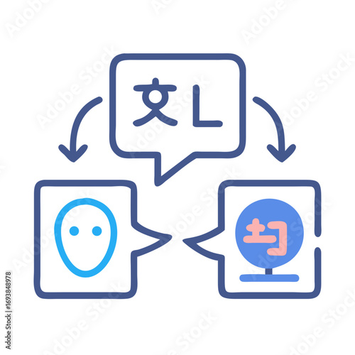 Machine translation concept, showing AI face and computer translating languages with speech bubbles, dark background.