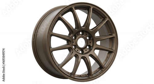 Bronze alloy wheel rim isolated on white backdrop, perfect for automotive design needs