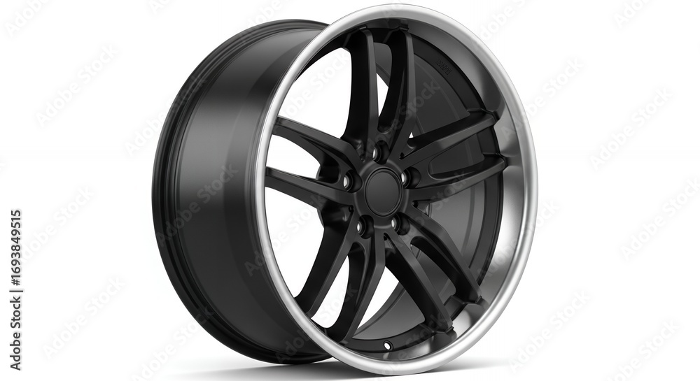 Obraz premium Sleek, modern black alloy wheel with polished silver rim for luxury car design and upgrade