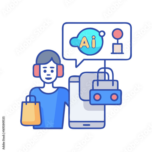 AI shopping assistant, customer with shopping bag and mobile phone suggesting products