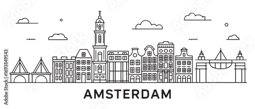 Amsterdam Line Art city skyline horizontal banner. Amsterdam city, Netherlands. Vector template for your design. with white background