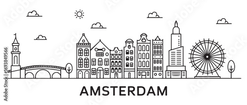 Amsterdam Line Art city skyline horizontal banner. Amsterdam city, Netherlands. Vector template for your design. with white background