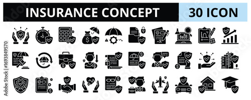 30 Insurance Concept Glyph Icons Vector - Coverage Concept, Underwriting, Probability Assessment, Beneficiary, Insurance Agent, Pension Insurance, Car Insurance