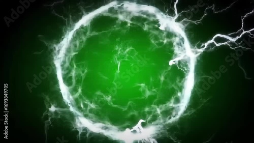 Glowing Green Plasma Ball with White Lightning Effect on Dark Background