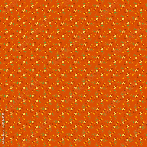 Rustical design Bright summer small floral pattern Colorful tiny flowers and berries on orange background Decorative styled florals small scale print Simple country style