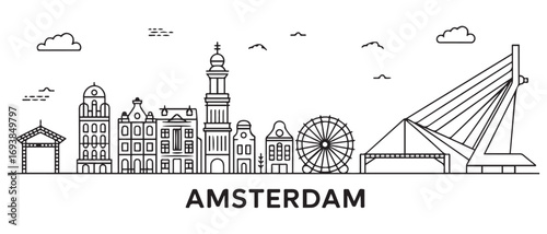 Amsterdam Line Art city skyline horizontal banner. Amsterdam city, Netherlands. Vector template for your design. with white background