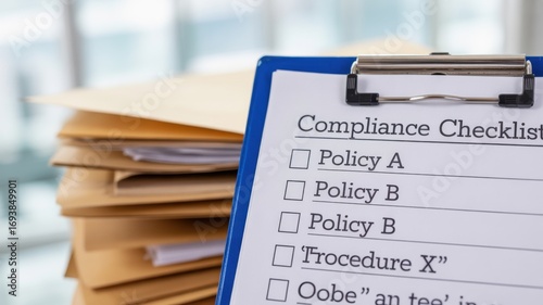 financial compliance legislation organization concept. Checklist on clipboard with stacks of documents in background.