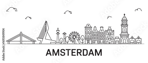 Amsterdam Line Art city skyline horizontal banner. Amsterdam city, Netherlands. Vector template for your design. with white background