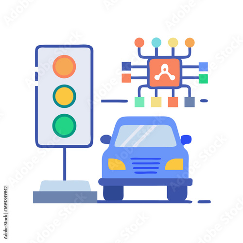Autonomous driving technology conceptual illustration: self-driving car, traffic lights, and intelligent systems