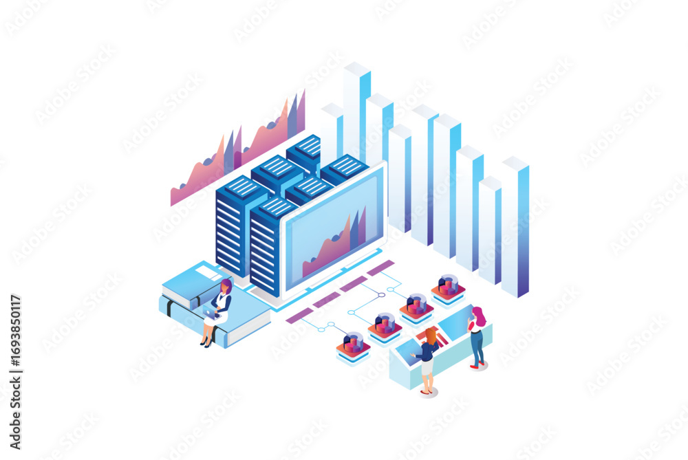 Obraz premium Isometric Expert team for Data Analysis, Business Statistic, Management, Consulting, Marketing. Landing page template concept. Suitable for Diagrams, Infographics, And other asset
