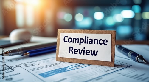 financial compliance legislation organization concept. Compliance review documents and pens on a desk with blurred background.