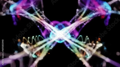 Vibrant Abstract Network of Glowing Lines and Symmetrical Shapes on Black Backdrop