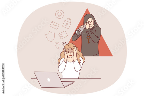 Cyber stalker follows female victim using laptop, clutching head due to theft confidential information. Cyber stalker with spyglass stands girl, injured due to hacker attack on social networks