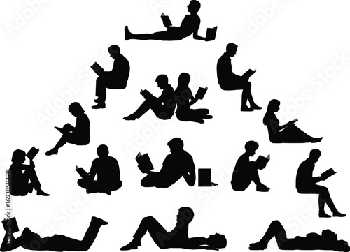 Silhouettes of people reading books, relaxing, sitting, lying down, studying, peaceful, quiet, learning, leisure time, knowledge, education, students, lifestyle, literature,