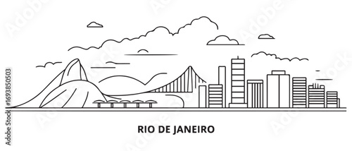 Rio De Janeiro Line Art skyline horizontal banner. Rio De Janeiro, Brazil. Vector template for your design. with white background