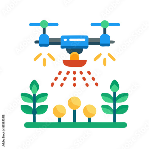 Drone spraying a field of crops with a blue color scheme on black background