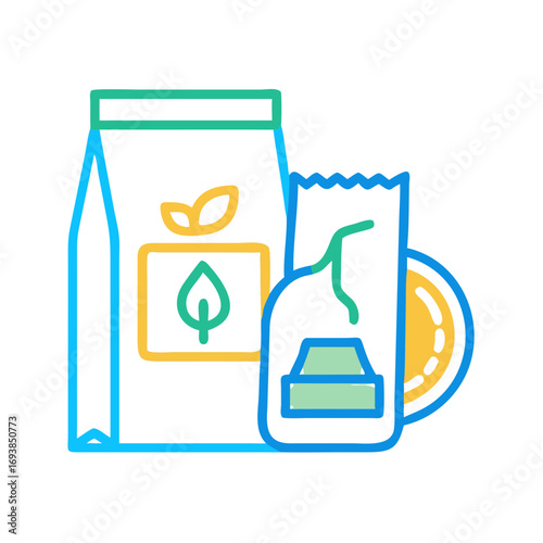 Minimalist vector graphic illustration of herbal tea packaging and teacup in vibrant colors on black