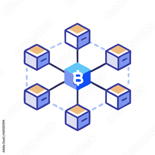 Isometric Illustration of Blockchain Network with Bitcoin Symbol in the Center on Dark Background