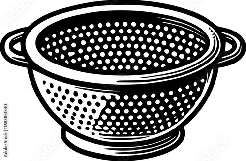 A black and white illustration of a colander with holes and handles for draining food items in the kitchen