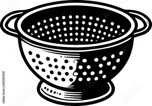 A black and white illustration of a colander with handles and a perforated bowl sitting on a small base