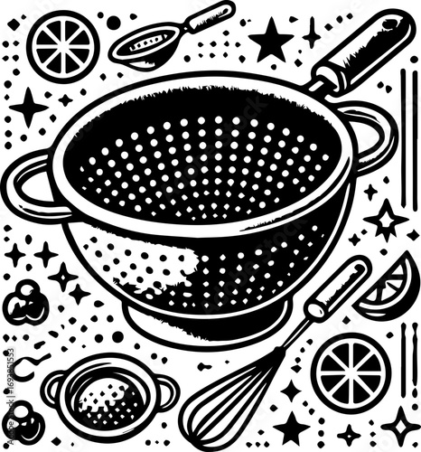 Illustration of a colander surrounded by cooking utensils and citrus fruit slices and star shapes