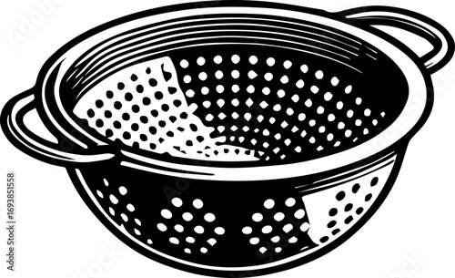 Illustration of a black and white colander with a perforated surface and two handles on either side