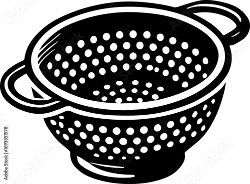Illustration of a black and white colander with circular holes and two handles on a white background