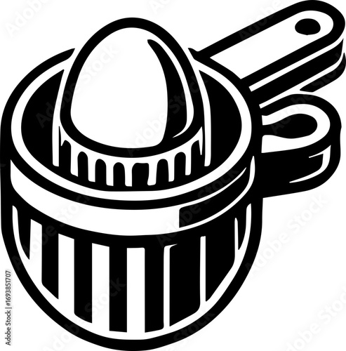 Illustration of a black and white citrus juicer with handle and ribbed design in a kitchen setting