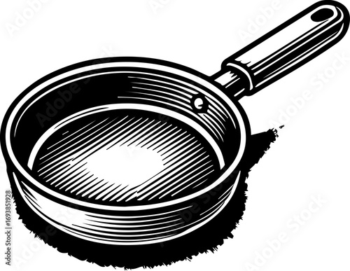 Illustration of a metal saucepan with a long handle and a hole for hanging in black and white style art
