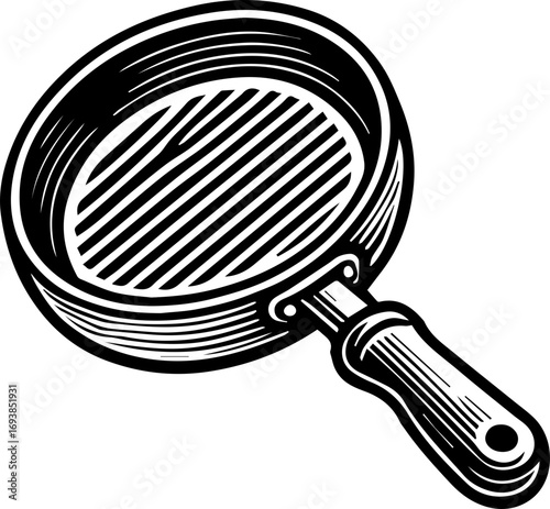Illustration of a cast iron grill pan with a wooden handle and grill marks in a black and white drawing
