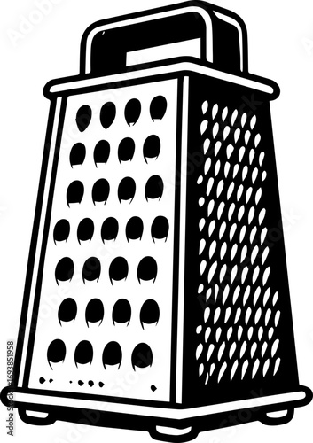 Illustration of a box grater with handle and multiple grating surfaces shown in black and white design style