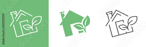 flat and linear set icons, eco house icon, logo green energy in home, environmental clean building, greenhouse, simple symbols on white and black background - editable stroke vector illustration