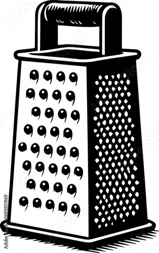 Illustration of a metal box grater with handle and different grating surfaces in black and white style