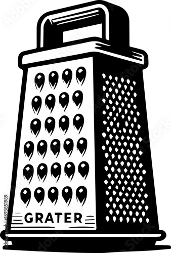 Illustration of a black and white grater with holes and handle and the word grater on the front