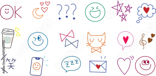 Cute Doodle Icons Set Smiley Faces Hearts Stars Coffee Cat Question Marks Hand Drawn Style Fun Graphics Creative Vector