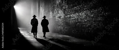 Men in hats and coats walking down dark alleyway, noir black and white