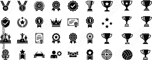 Award icons, trophy symbols, medal graphics, achievement badges, competition elements, recognition signs, sports awards, certificate icons, podium illustrations, victory emblems