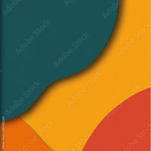 Abstract Composition with Teal, Orange, and Red Curved Shapes
