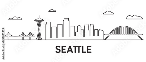 Seattle Line Art skyline horizontal banner. Los Angeles, California. Vector template for your design. with white background