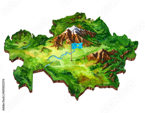 Highly Detailed Kazakhstan Map Watercolor  Style with National Flag PNG. 