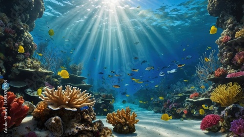 Vibrant underwater scene showcasing colorful coral reefs and diverse fish swimming in sunlight