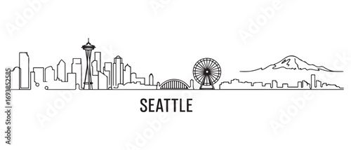 Seattle Line Art skyline horizontal banner. Los Angeles, California. Vector template for your design. with white background